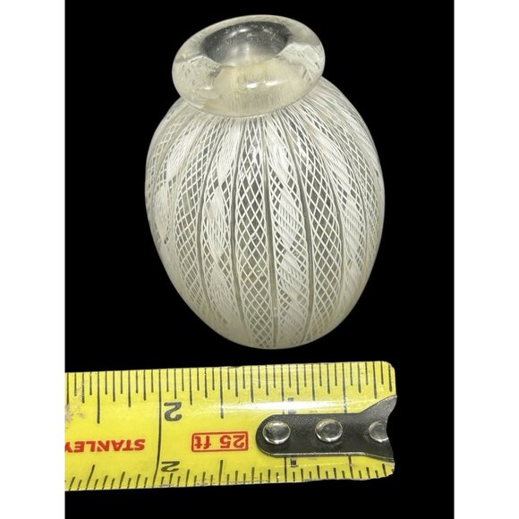 Vintage Murano Venetian Glass White Latticino Adventurine 2 7/8" Miniature Vase - Picture 7 of 8
